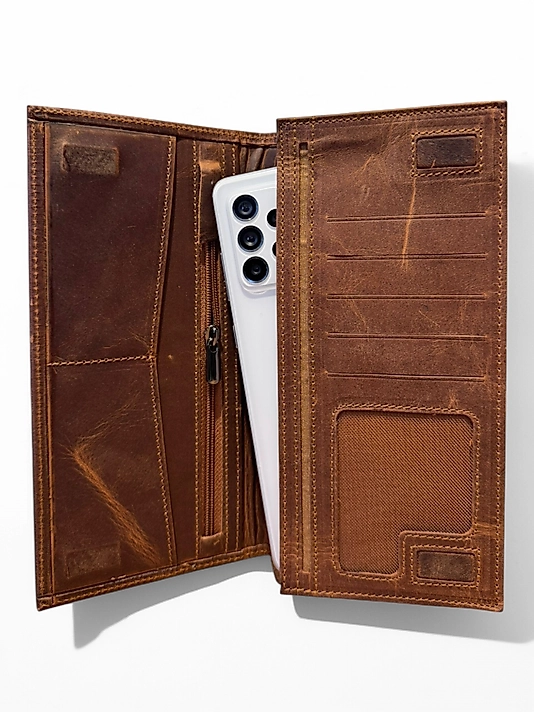 Hakiki Eskitme Deri (Renk:Taba) Unisex Cüzdan Telefon Bölmeli