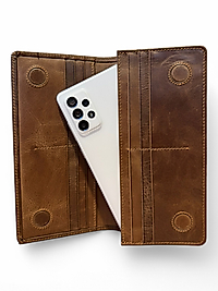 Hakiki Eskitme Deri (Renk:Kahverengi) Unisex Cüzdan Telefon Bölmeli