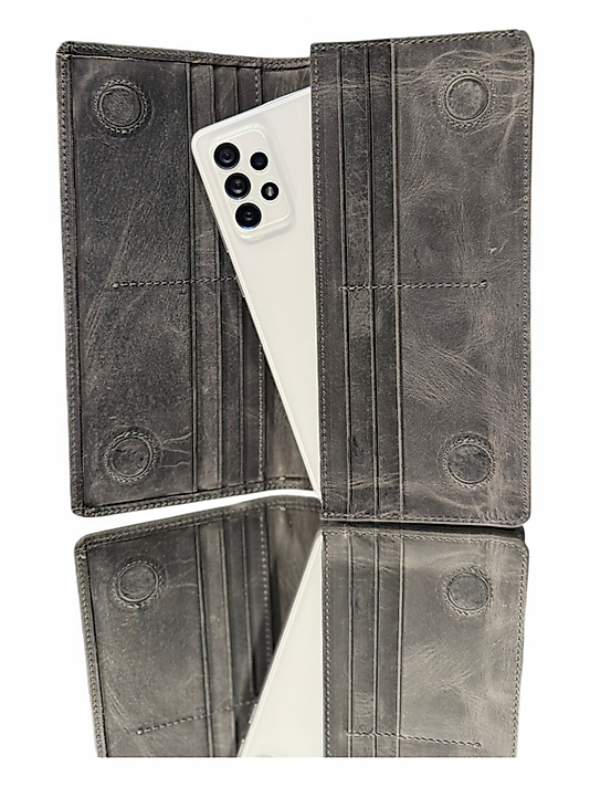 Hakiki Eskitme Deri (Renk:Füme) Unisex Cüzdan Telefon Bölmeli