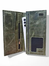 Hakiki Eskitme Deri (Renk:Haki) Unisex Cüzdan Telefon Bölmeli
