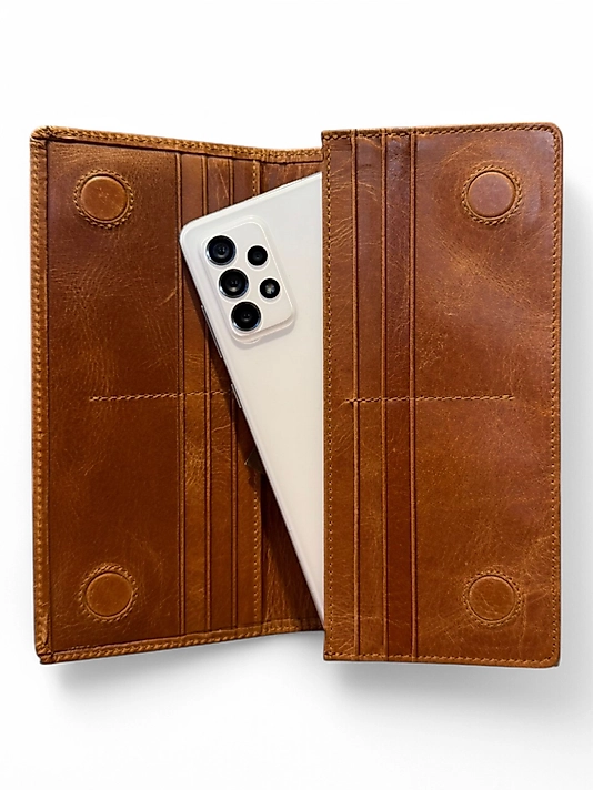 Hakiki Eskitme Deri (Renk:Açık taba) Unisex Cüzdan Telefon Bölmeli