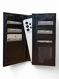 Hakiki Deri (Renk: Floter Siyah) Unisex Cüzdan Telefon Bölmeli