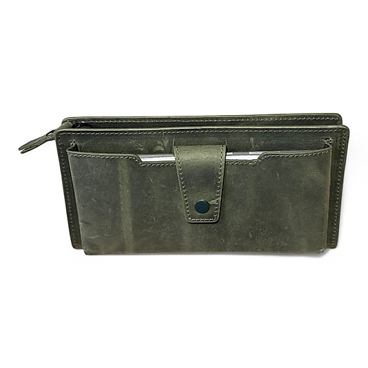 Hakiki Eskitme Deri (Renk:Haki) Unisex Cüzdan Telefon Bölmeli