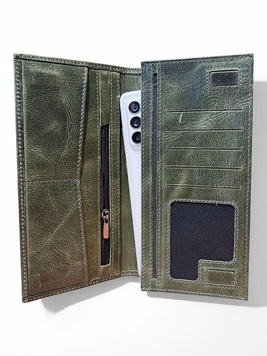 Hakiki Eskitme Deri (Renk:Haki) Unisex Cüzdan Telefon Bölmeli