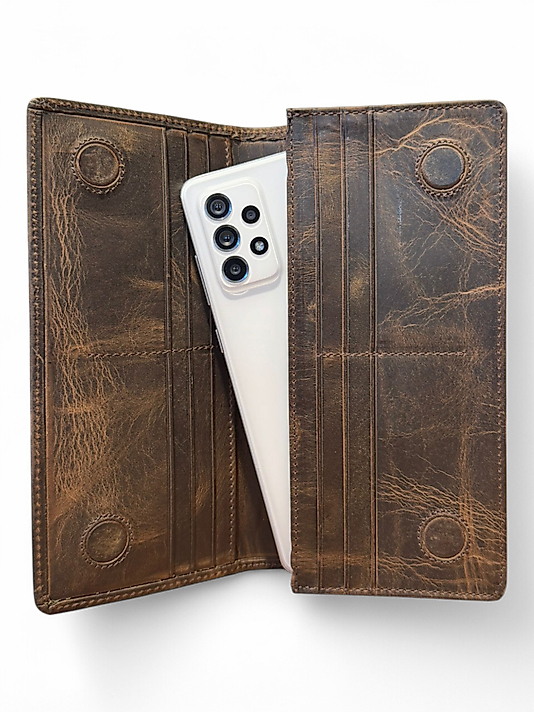 Hakiki Eskitme Deri (Renk:Kahverengi) Unisex Cüzdan Telefon Bölmeli