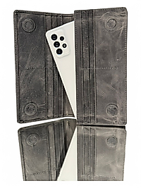 Hakiki Eskitme Deri (Renk:Füme) Unisex Cüzdan Telefon Bölmeli