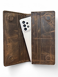 Hakiki Eskitme Deri (Renk:Kahverengi) Unisex Cüzdan Telefon Bölmeli