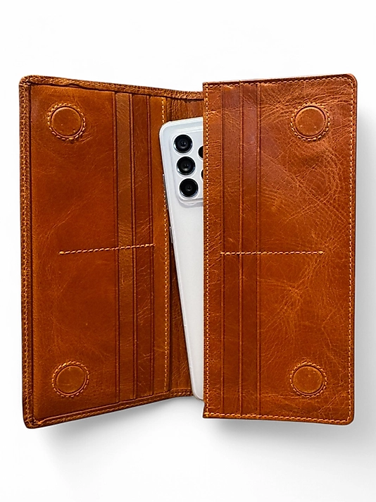 Hakiki Eskitme Deri (Renk:Camel) Unisex Cüzdan Telefon Bölmeli