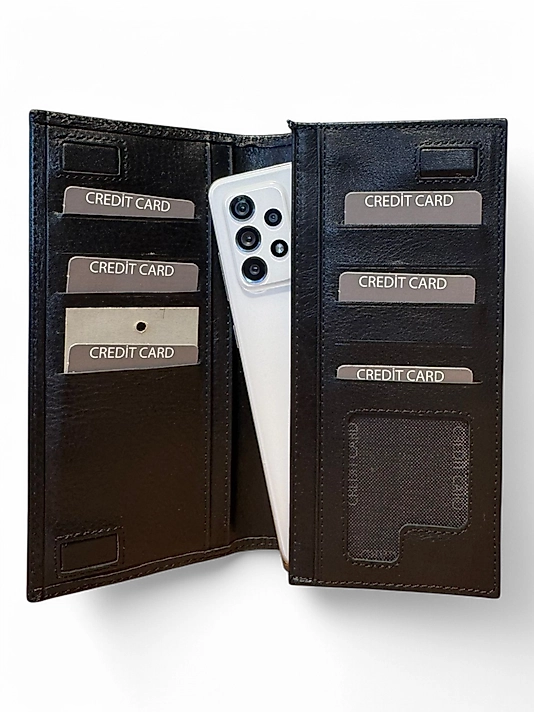 Hakiki Deri (Renk: Floter Siyah) Unisex Cüzdan Telefon Bölmeli
