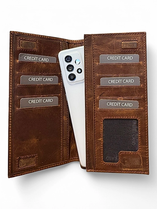 Hakiki Eskitme Deri (Renk:Taba) Unisex Cüzdan Telefon Bölmeli