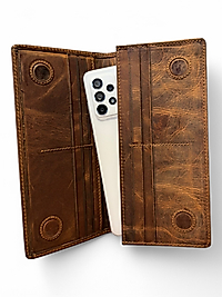 Hakiki Eskitme Deri (Renk:Taba) Unisex Cüzdan Telefon Bölmeli