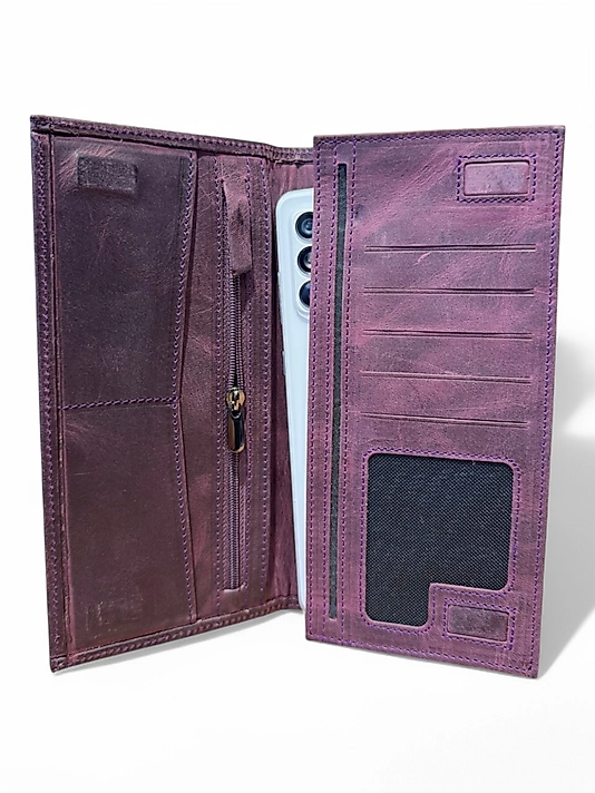 Hakiki Eskitme Deri (Renk:Antik Mor) Unisex Cüzdan Telefon Bölmeli