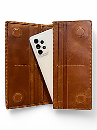 Hakiki Eskitme Deri (Renk:Açık taba) Unisex Cüzdan Telefon Bölmeli