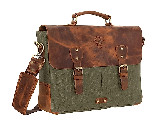 Hakiki Eskitme Deri Kanvas El ve Omuz Askılı Evrak Çantası