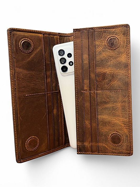 Hakiki Eskitme Deri (Renk:Taba) Unisex Cüzdan Telefon Bölmeli