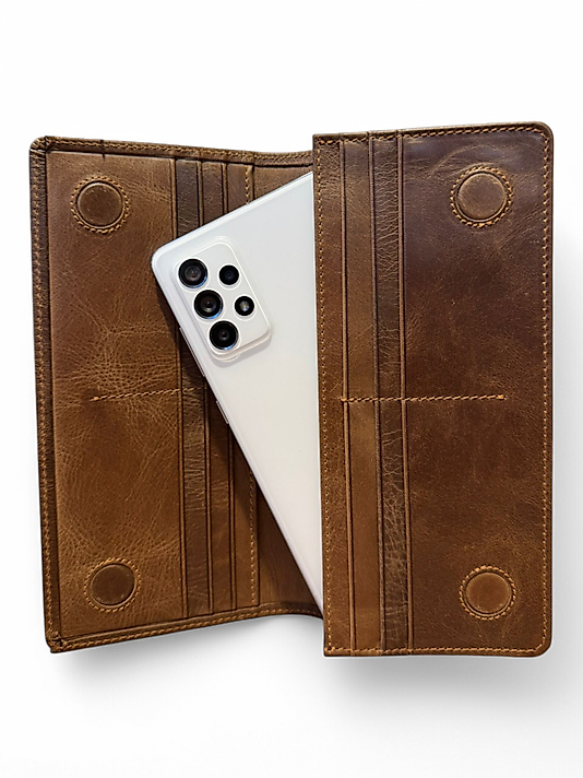Hakiki Eskitme Deri (Renk:Kahverengi) Unisex Cüzdan Telefon Bölmeli