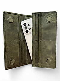 Hakiki Eskitme Deri (Renk:Haki) Unisex Cüzdan Telefon Bölmeli